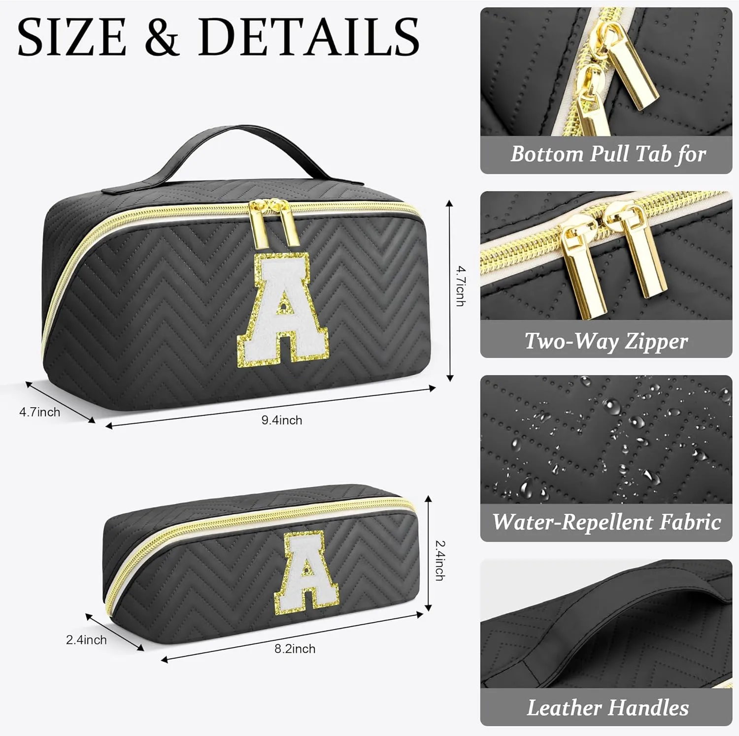 Personalized Initial Black Makeup Bag | Trendy Large Capacity Cosmetic Bags, Travel Toiletry Bag Teen Girls Women Girlfriend Teacher Gifts, Leather Waterproof Portable Make up Bags Organizer - M