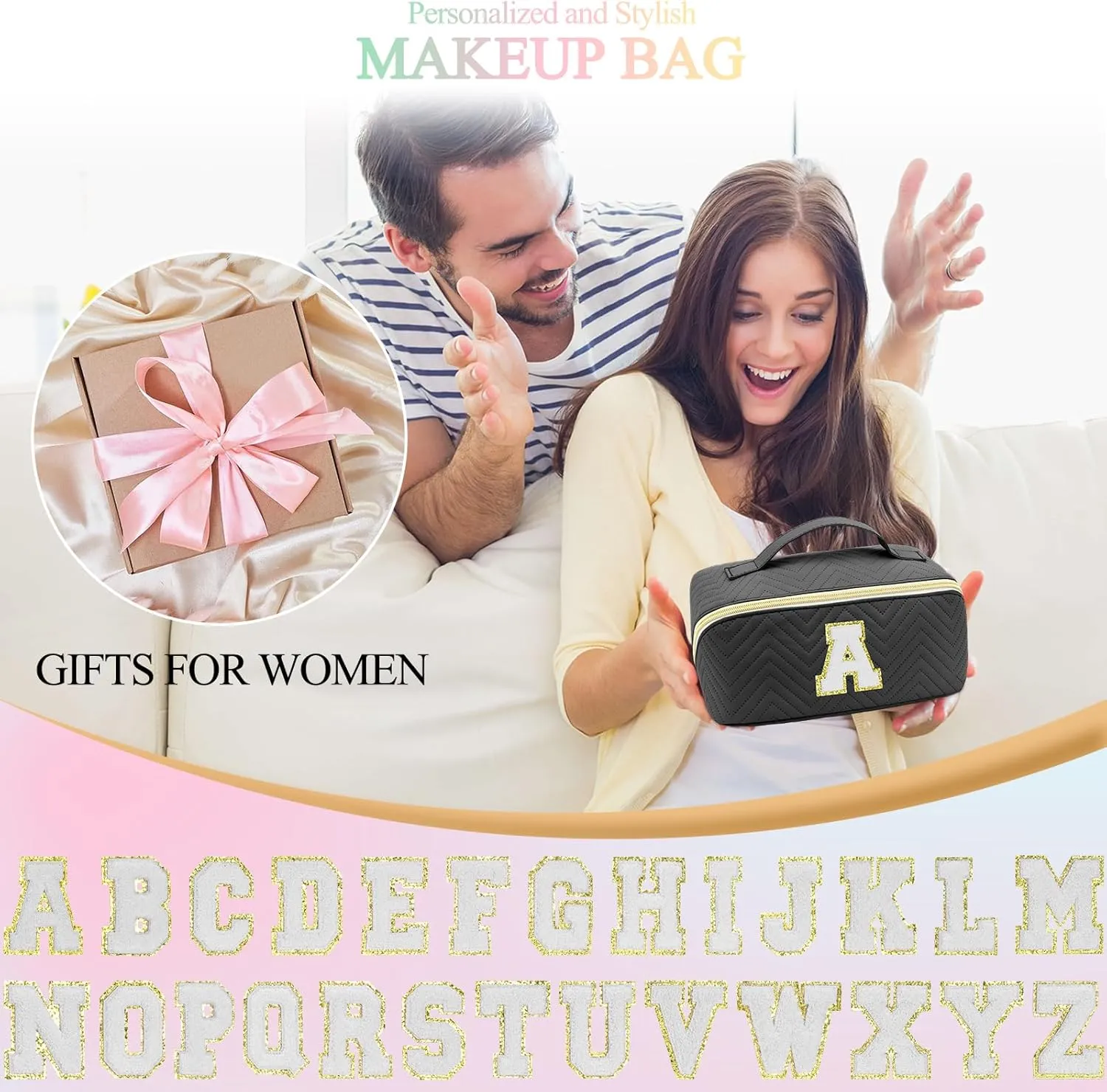 Personalized Initial Black Makeup Bag | Trendy Large Capacity Cosmetic Bags, Travel Toiletry Bag Teen Girls Women Girlfriend Teacher Gifts, Leather Waterproof Portable Make up Bags Organizer - M