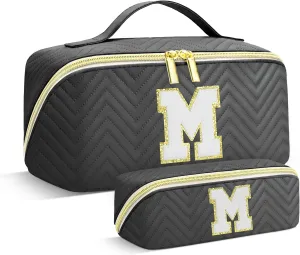 Personalized Initial Black Makeup Bag | Trendy Large Capacity Cosmetic Bags, Travel Toiletry Bag Teen Girls Women Girlfriend Teacher Gifts, Leather Waterproof Portable Make up Bags Organizer - M
