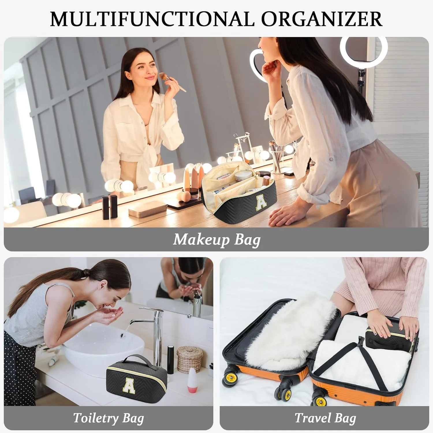 Personalized Initial Black Makeup Bag | Trendy Large Capacity Cosmetic Bags, Travel Toiletry Bag Teen Girls Women Girlfriend Teacher Gifts, Leather Waterproof Portable Make up Bags Organizer - M