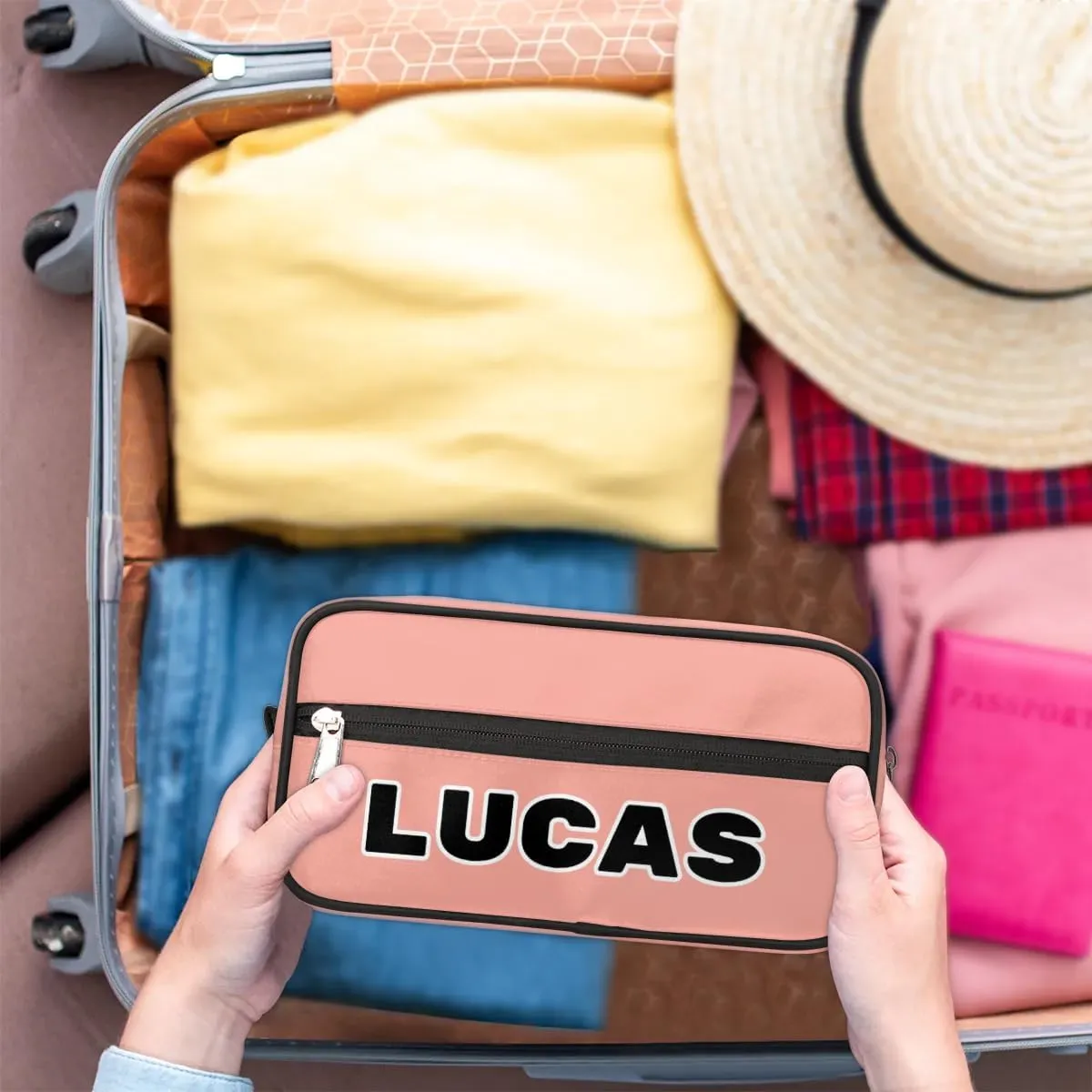 Personalized Toiletry Bag for Women Custom Name Waterproof Cosmetic Makeup Bag Shaving Bag for Men Bathroom Travel Storage Bags with Handle for Work, Brown