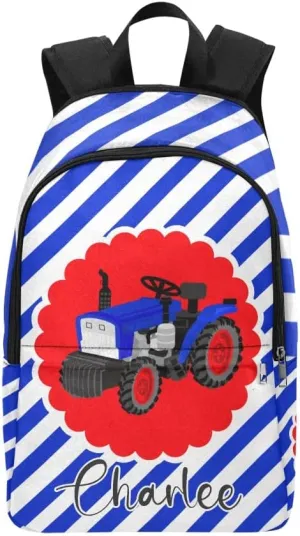 Personalized Tractor Blue Stripes Backpack with Name Custom Travel Daypack Bag for Man Woman Gifts