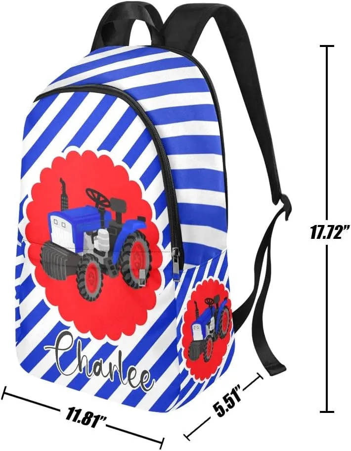 Personalized Tractor Blue Stripes Backpack with Name Custom Travel Daypack Bag for Man Woman Gifts
