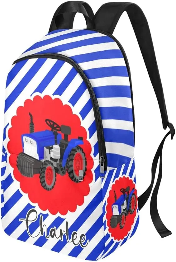 Personalized Tractor Blue Stripes Backpack with Name Custom Travel Daypack Bag for Man Woman Gifts