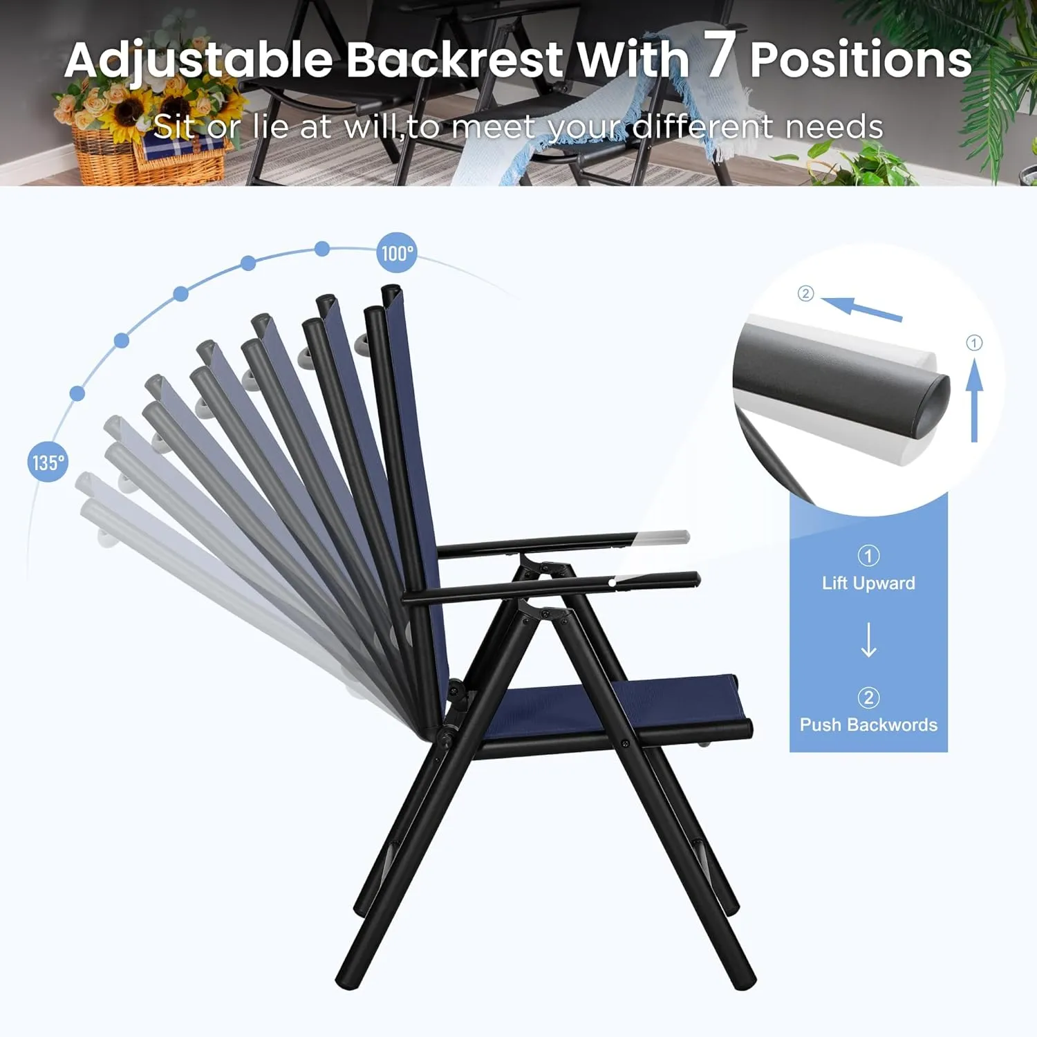 PHI VILLA 9 Piece Patio Dining Set, Outdoor Dining Furniture Patio Table Set with Adjustable Portable Patio Folding Chairs (Blue) & Large Square Outdoor Dining Table for Yard, Garden and Lawn