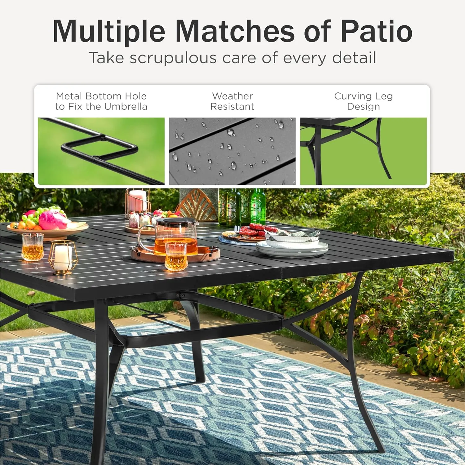 PHI VILLA 9 Piece Patio Dining Set, Outdoor Dining Furniture Patio Table Set with Adjustable Portable Patio Folding Chairs (Blue) & Large Square Outdoor Dining Table for Yard, Garden and Lawn