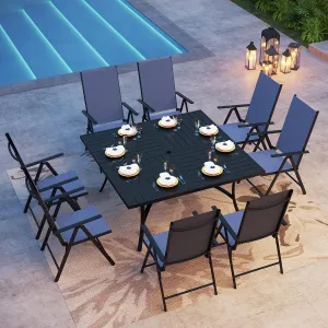 PHI VILLA 9 Piece Patio Dining Set, Outdoor Dining Furniture Patio Table Set with Adjustable Portable Patio Folding Chairs (Blue) & Large Square Outdoor Dining Table for Yard, Garden and Lawn