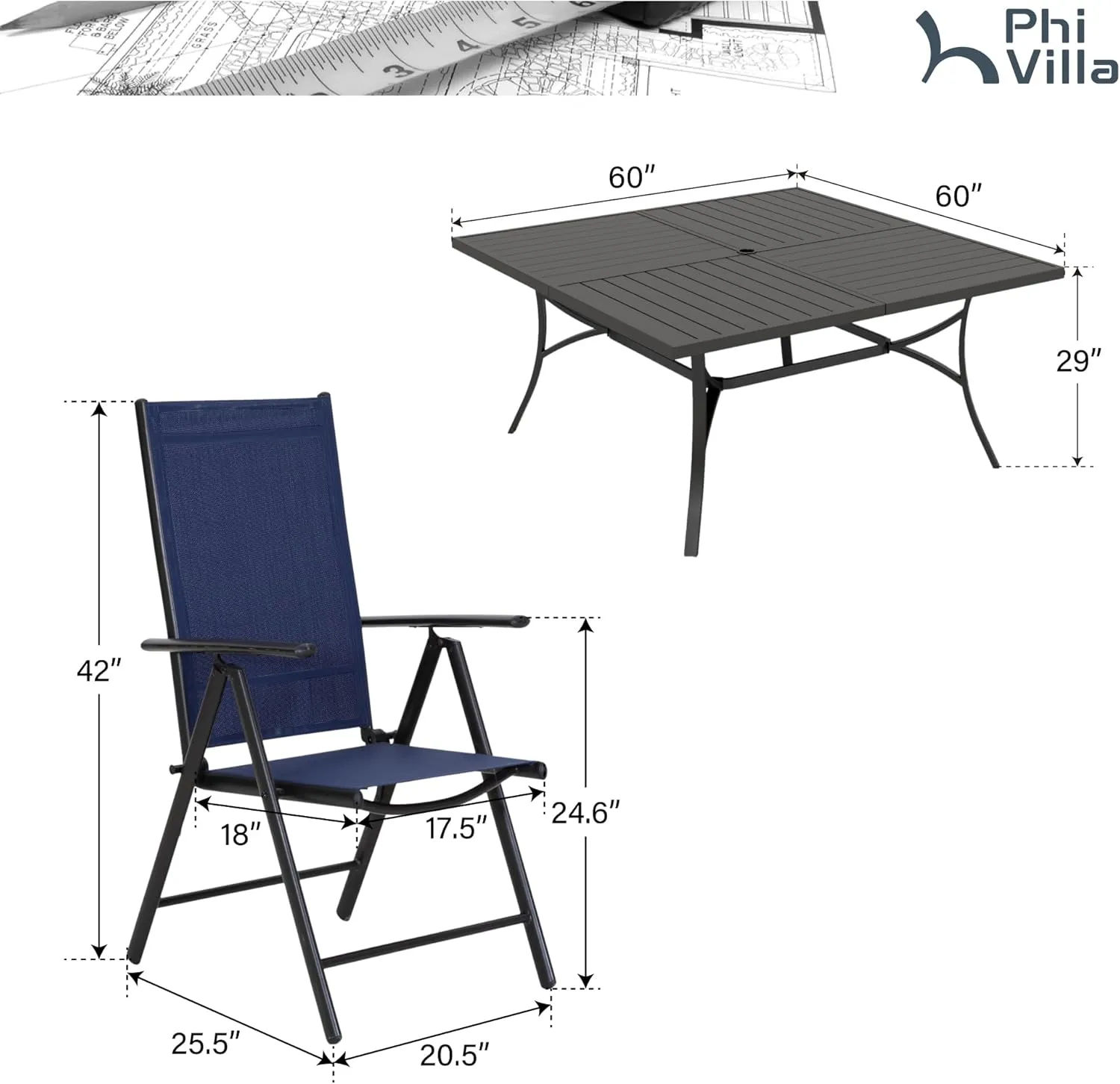 PHI VILLA 9 Piece Patio Dining Set, Outdoor Dining Furniture Patio Table Set with Adjustable Portable Patio Folding Chairs (Blue) & Large Square Outdoor Dining Table for Yard, Garden and Lawn