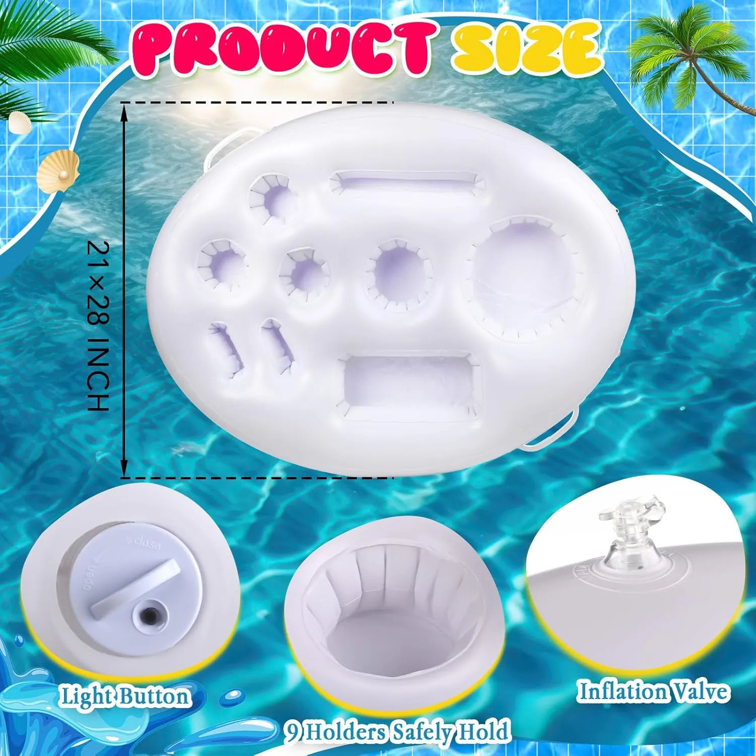 Pickmesh Inflatable Drink Holder with Lights, 21 x 28 Inch LED Color Changing Floating Beverage Fruit Serving Bar, Floating Drink Holder for Pool, Hot Tub Accessories for Adults Party