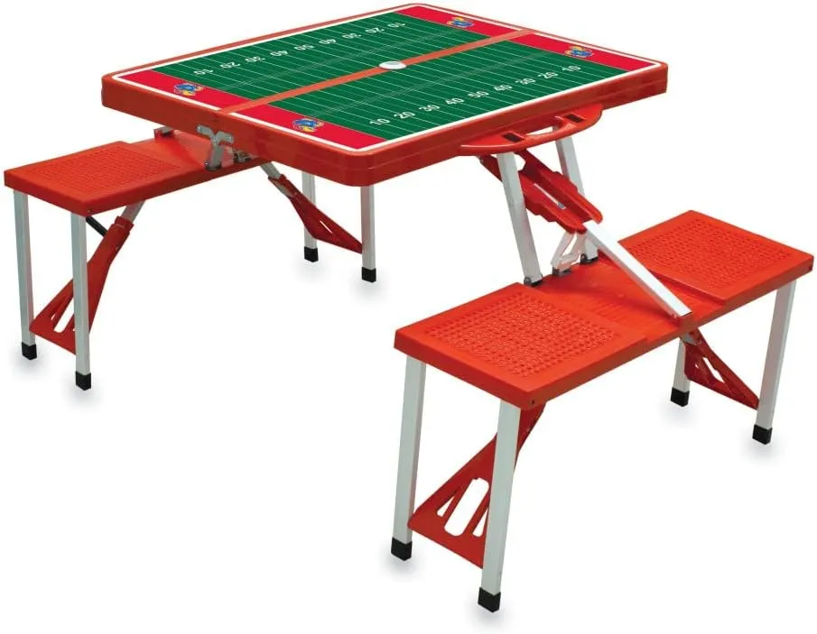 PICNIC TIME NCAA Kansas Jayhawks Football Field Folding Picnic Table - Camping Table - Outdoor Table with Umbrella Hole, (Red)