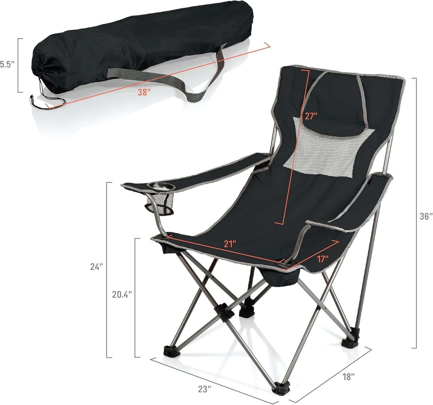 PICNIC TIME NCAA Oklahoma State Cowboys Campsite Camping Chair, Picnic Chair, Outdoor Folding Chair with Carry Bag, Beach Chair, (Black with Gray Accents)