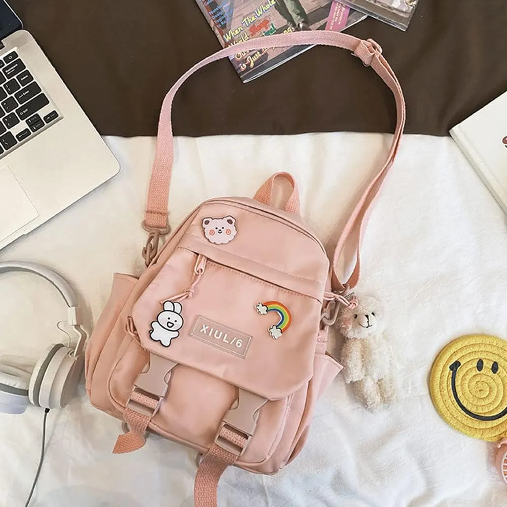 Pink-2 5L Mini Backpack with Cute Pin Accessories - Perfect for School, Gym, Library, Travel, Hiking, Party, Camping - Bottle Holder, Zipper, Nylon, 10.5X9X5 inches