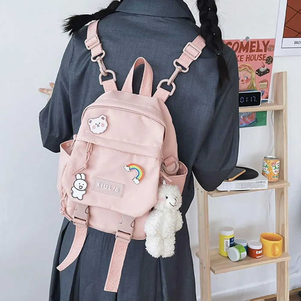 Pink-2 5L Mini Backpack with Cute Pin Accessories - Perfect for School, Gym, Library, Travel, Hiking, Party, Camping - Bottle Holder, Zipper, Nylon, 10.5X9X5 inches