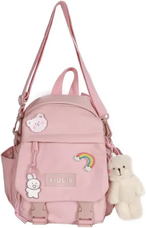 Pink-2 5L Mini Backpack with Cute Pin Accessories - Perfect for School, Gym, Library, Travel, Hiking, Party, Camping - Bottle Holder, Zipper, Nylon, 10.5X9X5 inches