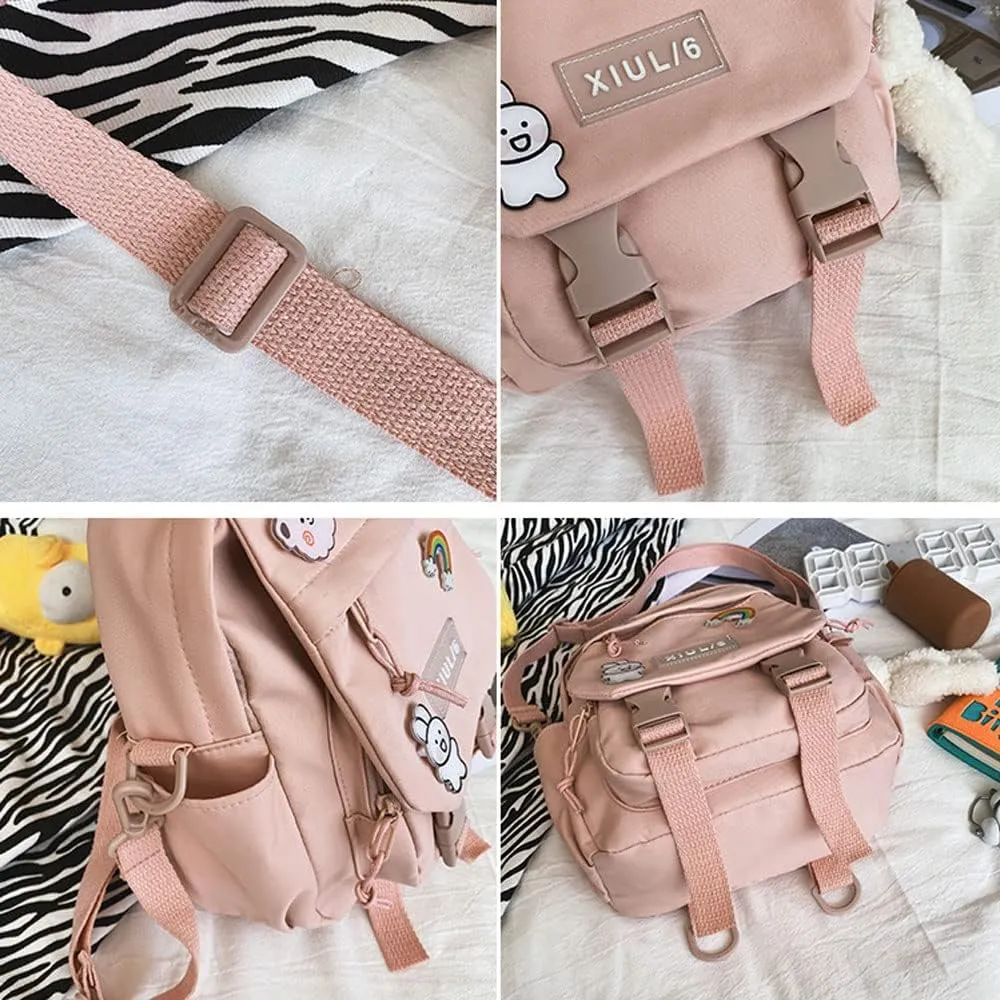 Pink-2 5L Mini Backpack with Cute Pin Accessories - Perfect for School, Gym, Library, Travel, Hiking, Party, Camping - Bottle Holder, Zipper, Nylon, 10.5X9X5 inches