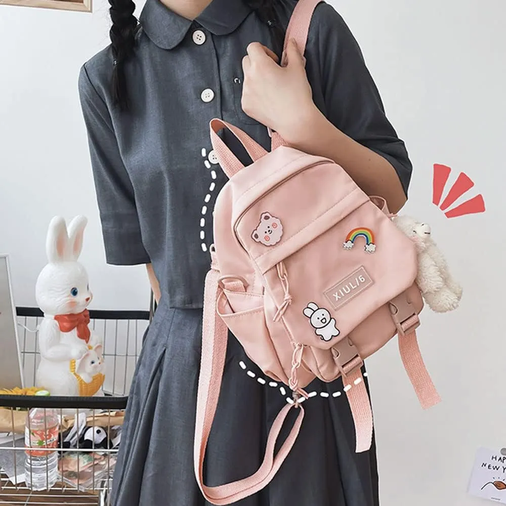 Pink-2 5L Mini Backpack with Cute Pin Accessories - Perfect for School, Gym, Library, Travel, Hiking, Party, Camping - Bottle Holder, Zipper, Nylon, 10.5X9X5 inches