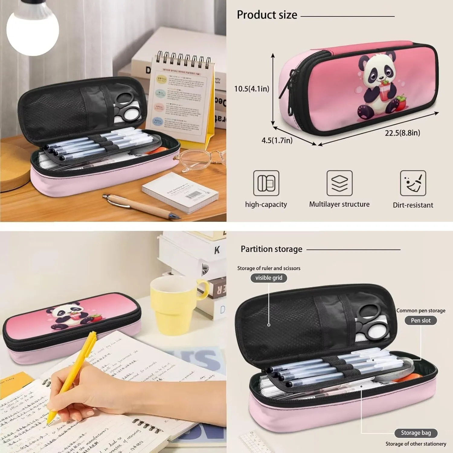 Pink Panda School Backpack for Girls with Lunch Box Keychain and Aesthetic Pencil Case Wear-Resistant Set Combinations Foster An Organized Lifestyle
