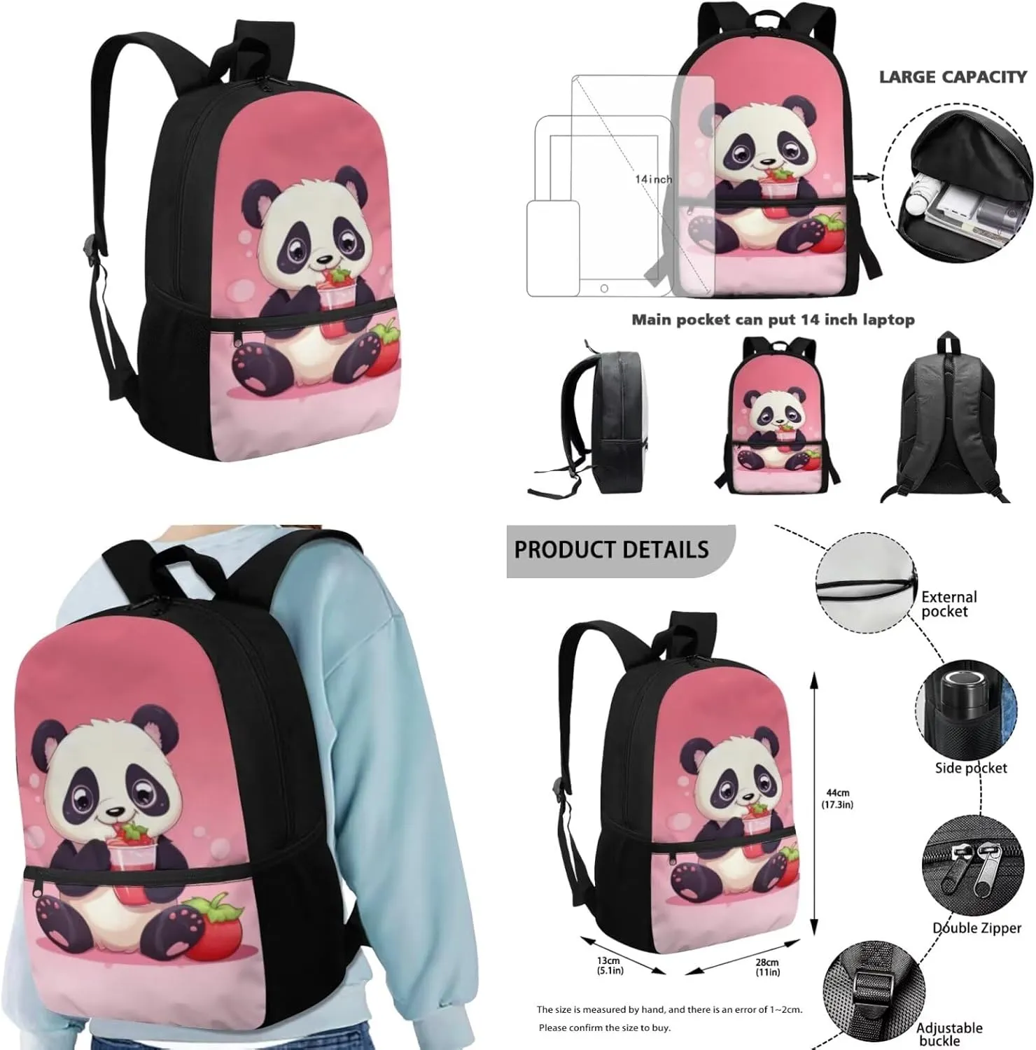 Pink Panda School Backpack for Girls with Lunch Box Keychain and Aesthetic Pencil Case Wear-Resistant Set Combinations Foster An Organized Lifestyle