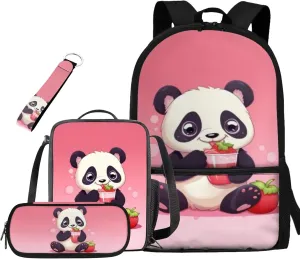 Pink Panda School Backpack for Girls with Lunch Box Keychain and Aesthetic Pencil Case Wear-Resistant Set Combinations Foster An Organized Lifestyle