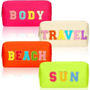 Pinkunn 4 Pcs Preppy Makeup Bags Chenille Letter Patch Cosmetic Bag Summer Travel Beach Sun Body Makeup Bag Set Nylon Waterproof Bag Cosmetic Bag for Women