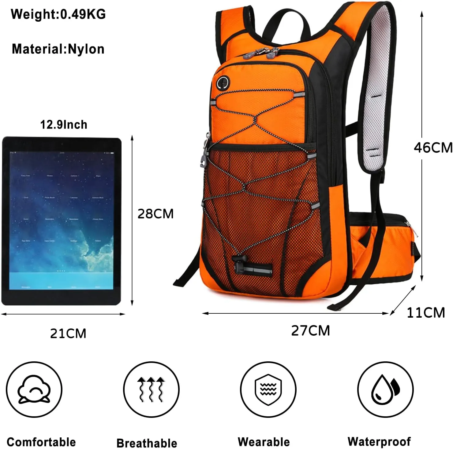 PORRASSO Hiking Backpack 19L Waterproof Daypack Rucksack with Earphone Hole Breathable Backpack for Women Men Trekking Cycling Climbing Outdoor Sports Orange