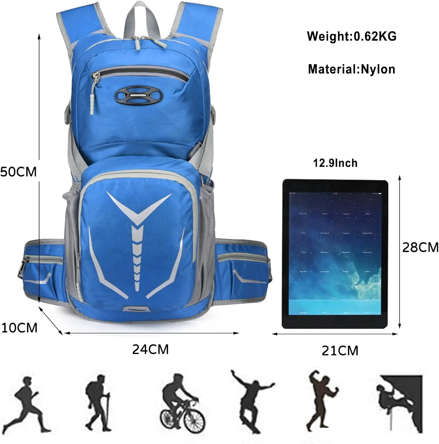 PORRASSO Hiking Backpack Waterproof Daypack 20L Rucksack Breathable Backpack for Women Men Trekking Cycling Climbing Outdoor Sports Light Blue