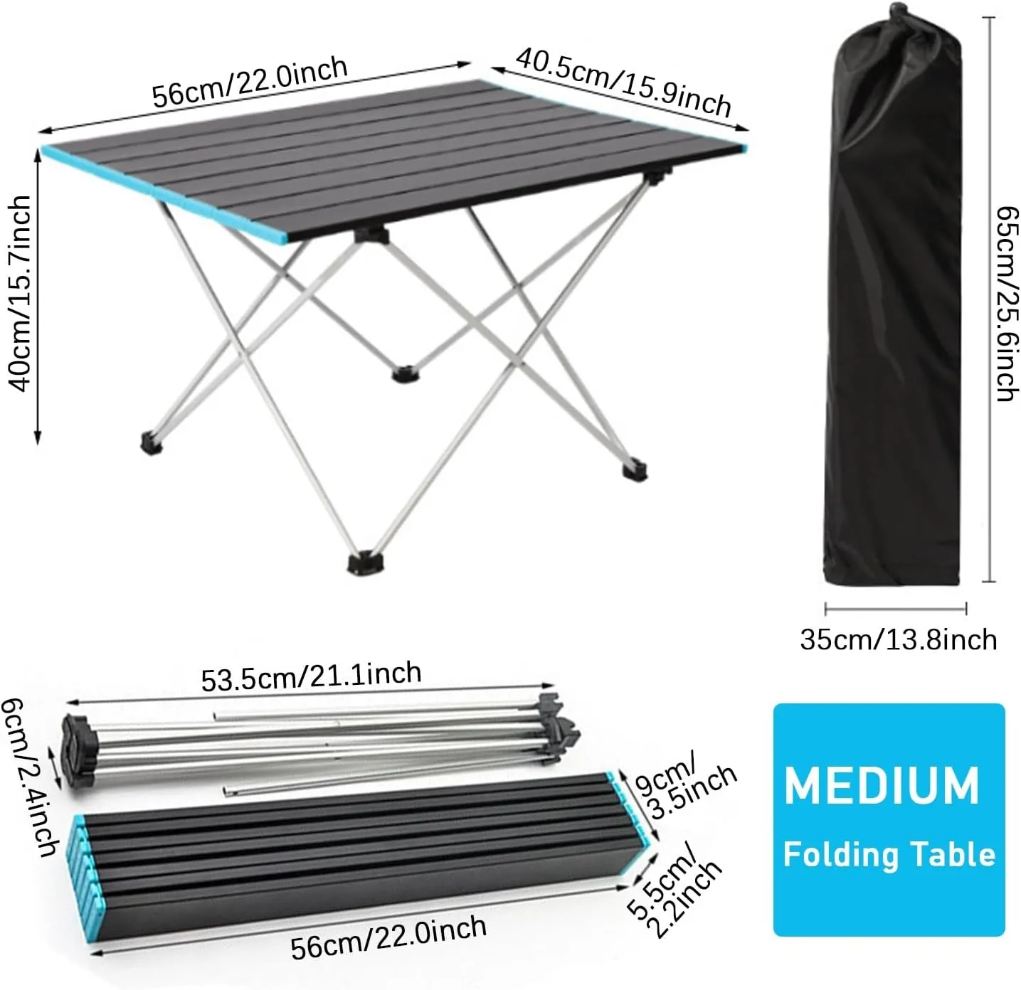 Portable Camping Folding Table, Compact Lightweight Aluminum Picnic Tables, Fold Up Camping Tables with Carry Bag, for Outdoor, Picnic, Cooking, Beach, Hiking, Medium, Black