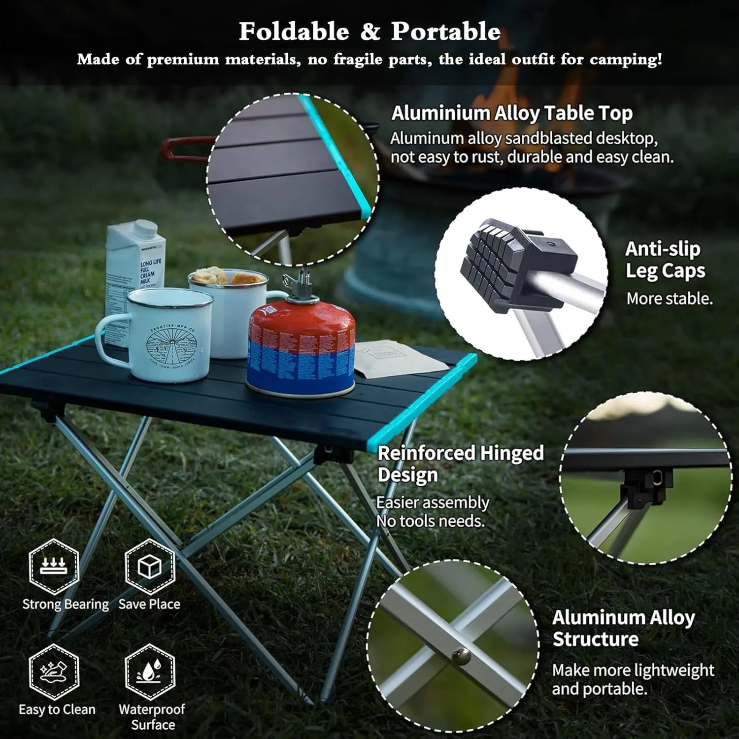 Portable Camping Folding Table, Compact Lightweight Aluminum Picnic Tables, Fold Up Camping Tables with Carry Bag, for Outdoor, Picnic, Cooking, Beach, Hiking, Medium, Black