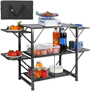Portable Camping Kitchen Table with Folding Cook Station – Durable Aluminum Outdoor Cooking Table with Side Tables & Shelves
