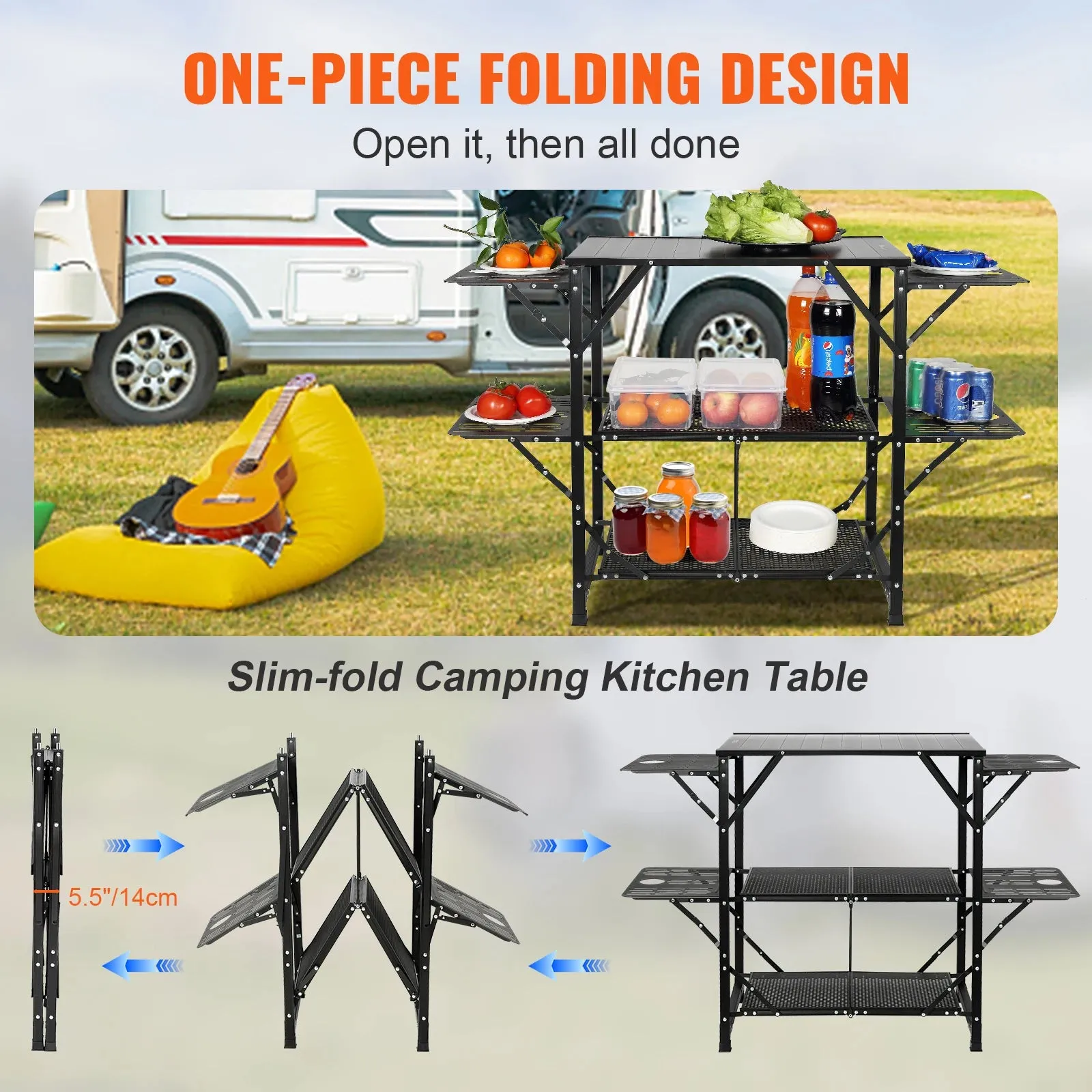 Portable Camping Kitchen Table with Folding Cook Station – Durable Aluminum Outdoor Cooking Table with Side Tables & Shelves