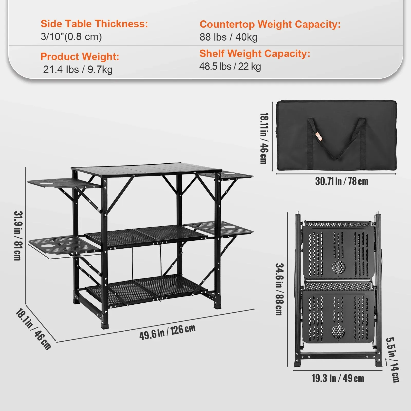 Portable Camping Kitchen Table with Folding Cook Station – Durable Aluminum Outdoor Cooking Table with Side Tables & Shelves