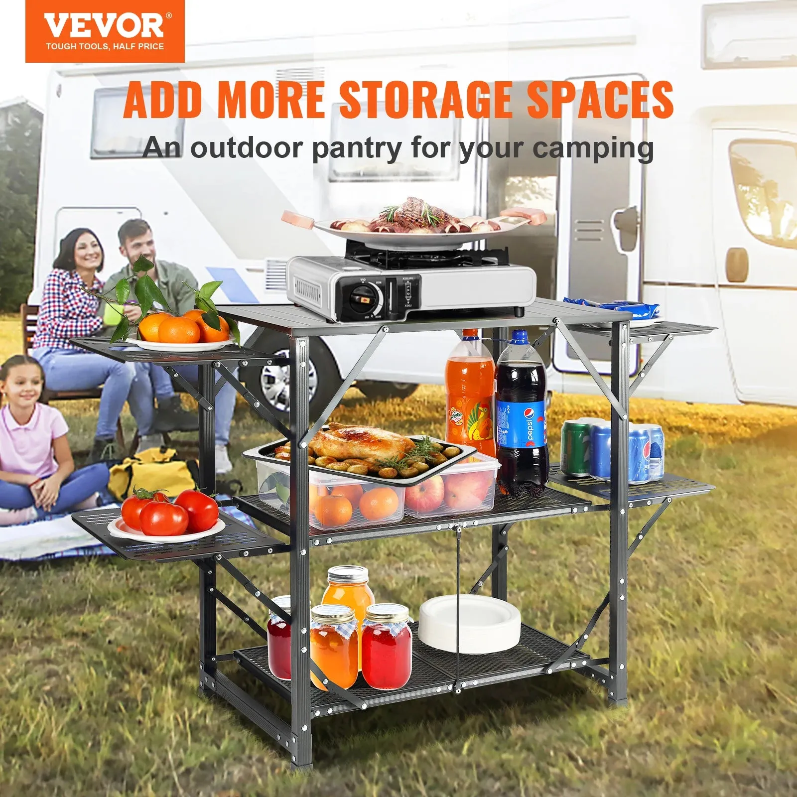 Portable Camping Kitchen Table with Folding Cook Station – Durable Aluminum Outdoor Cooking Table with Side Tables & Shelves
