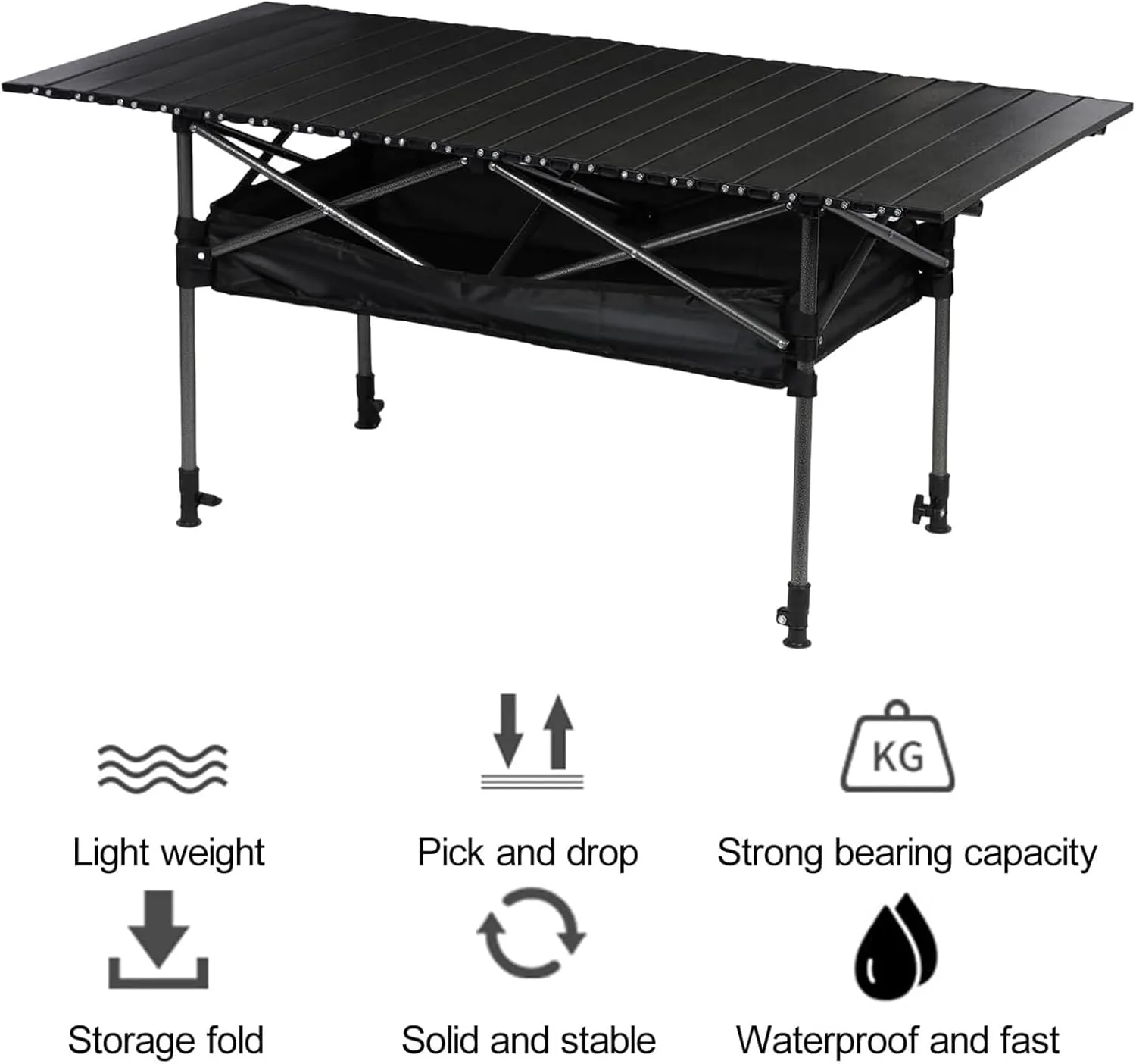 Portable Camping Table, Roll-up Folding Dining Table with Carrying Bag, Aluminum Picnic Camping Table Height Adjustable for Garden Outdoor BBQ Beach Backyard