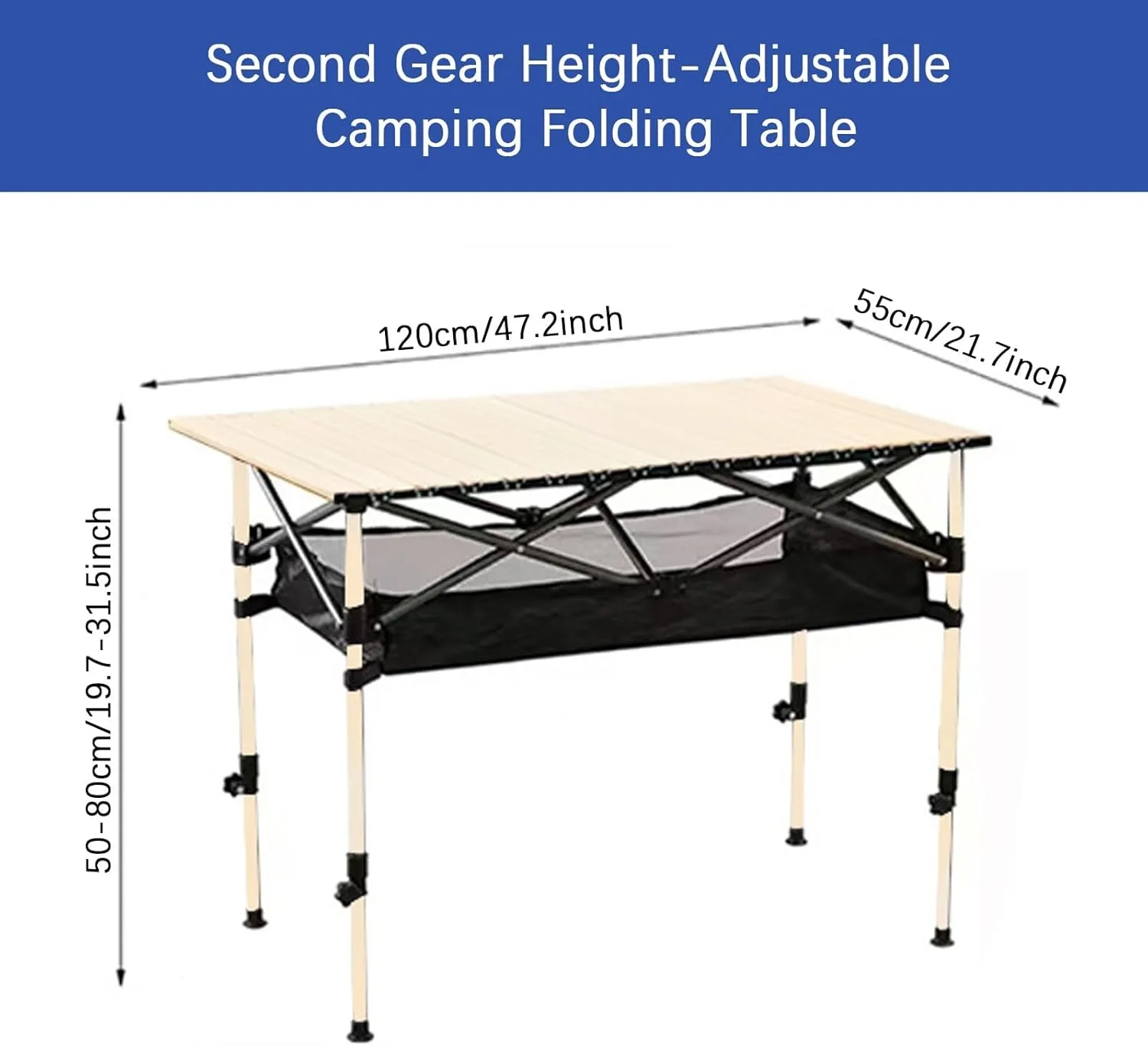Portable Camping Table, Roll-up Folding Dining Table with Carrying Bag, Aluminum Picnic Camping Table Height Adjustable for Garden Outdoor BBQ Beach Backyard