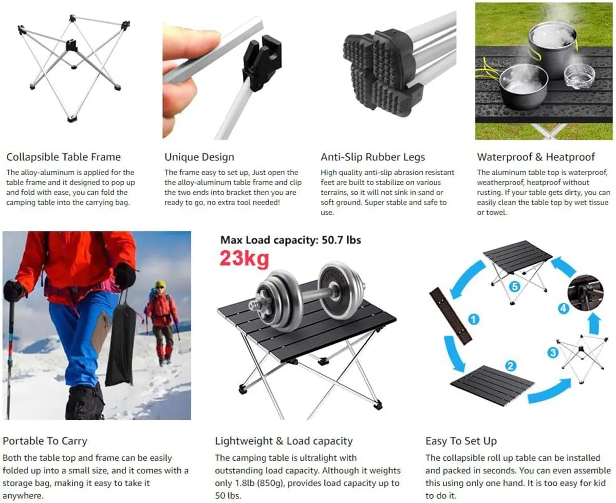 Portable Camping Tables Aluminum Roll up Table Small Folding Table for Camping Hiking Picnic Fishing BBQ (16.14"x13.58"x11.42")