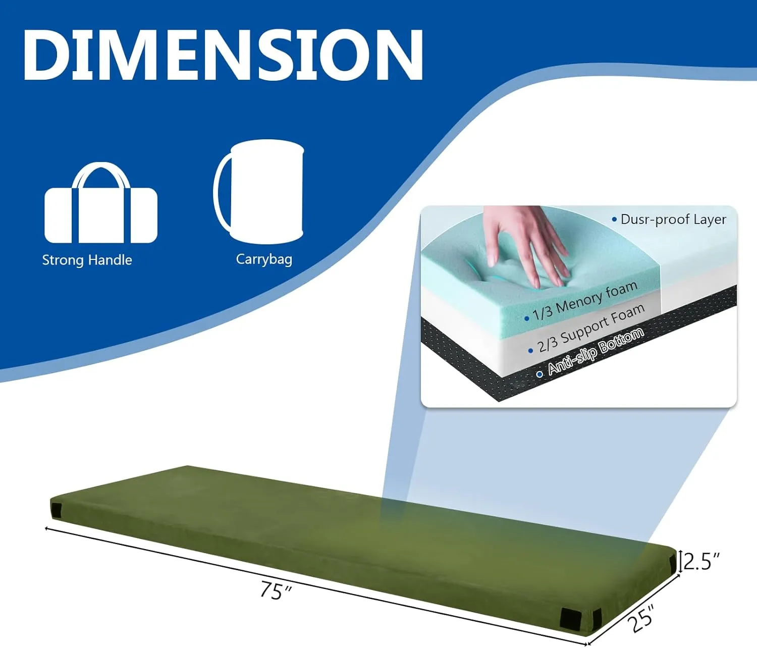 Portable Design Memory Foam Camping Pad Compact Roll-Up Sleep Mat Comfortable Camping Bed Pad Floor Mattress Lightweight Truck Bed Mattress for Tents RVs Floor Sleeping Travel