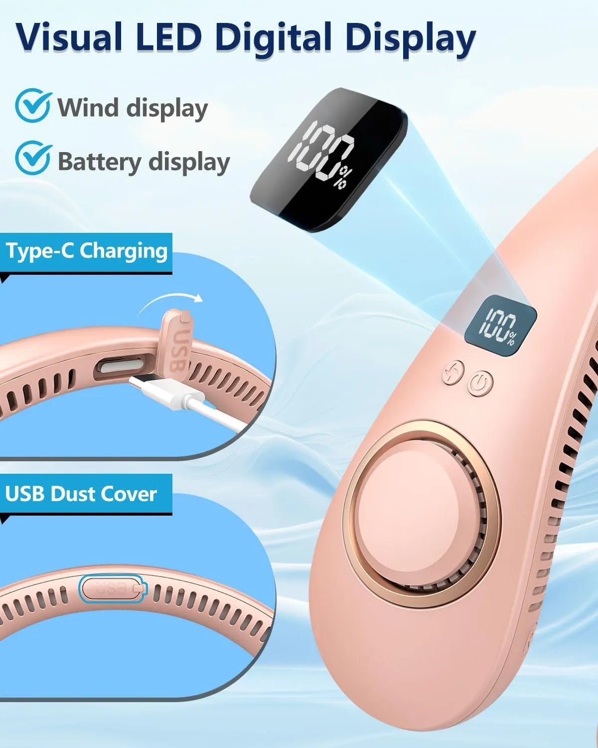 Portable Fans that Blow Cold Air,Rechargeable Personal Fans for Your Neck,Cooling Neck Fan Battery Operated Fan Fold Away,Cordless No Blade Hanging Neck Fan,Small Fan for Travel Airplane Outdoor Pink