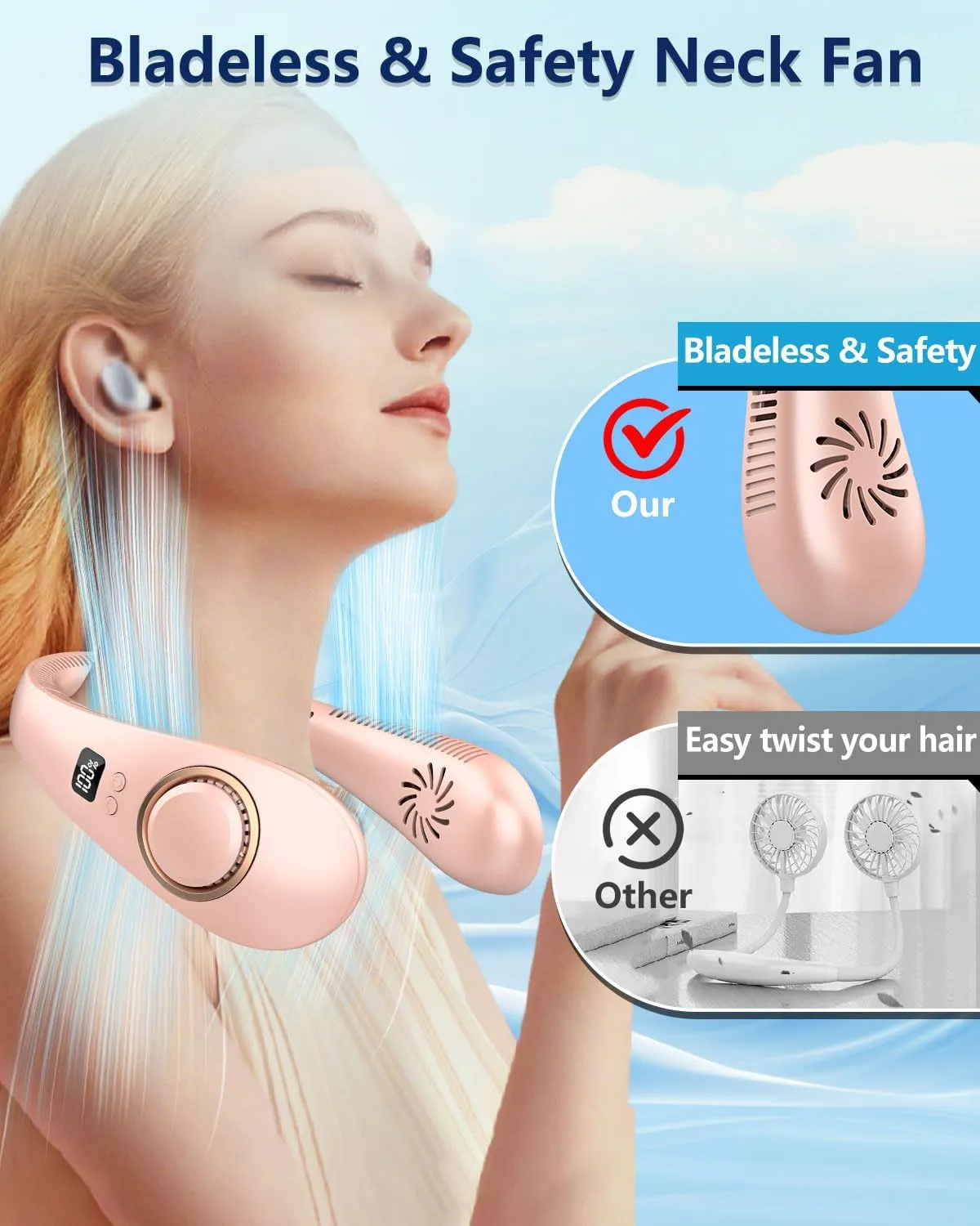 Portable Fans that Blow Cold Air,Rechargeable Personal Fans for Your Neck,Cooling Neck Fan Battery Operated Fan Fold Away,Cordless No Blade Hanging Neck Fan,Small Fan for Travel Airplane Outdoor Pink