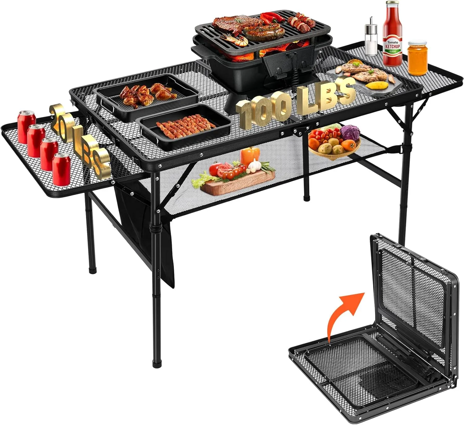 Portable Grill Table with 2 Wing Panels, Height Adjustable Folding Table with Mesh Bag, 140lbs 3Ft Folding Outdoor Table for Camping, BBQ, RV, Picnic & Beach Outdoor Adventures, 35"L x 23"W