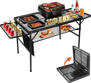 Portable Grill Table with 2 Wing Panels, Height Adjustable Folding Table with Mesh Bag, 140lbs 3Ft Folding Outdoor Table for Camping, BBQ, RV, Picnic & Beach Outdoor Adventures, 35"L x 23"W