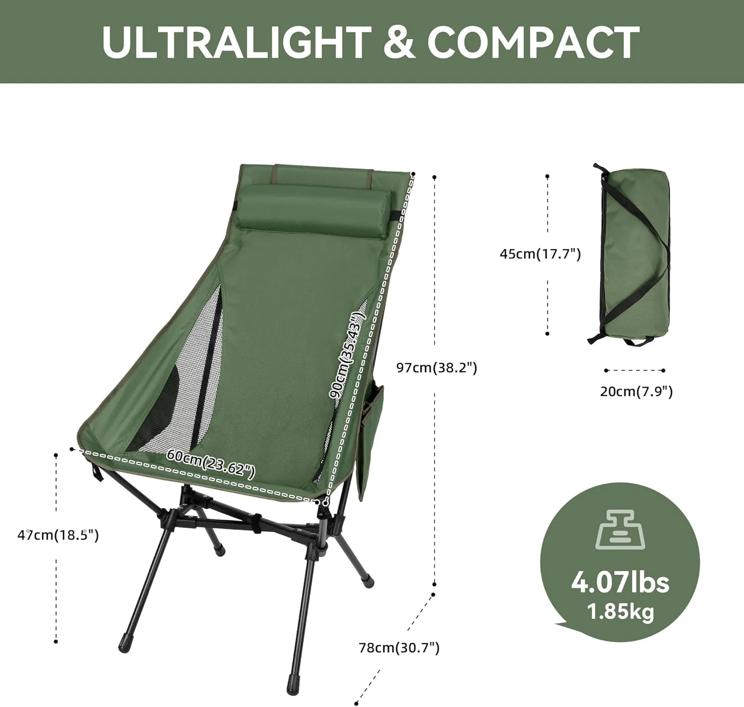 Portable High Back Camping Chair, Support Heavy Duty 440 lbs, Compact Folding Backpacking Chair with Detachable Pillow for Camp, Hiking, Backpacking(Green)