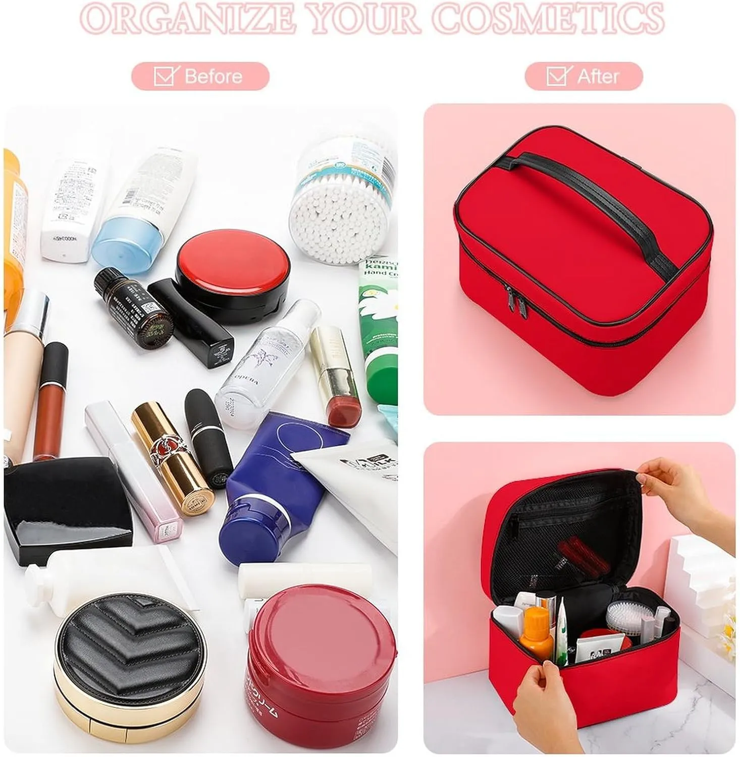 Portable Make Bag, Elegant Classic Red Cosmetic Case Portable Cosmetic Portable Organizer for Men & Women