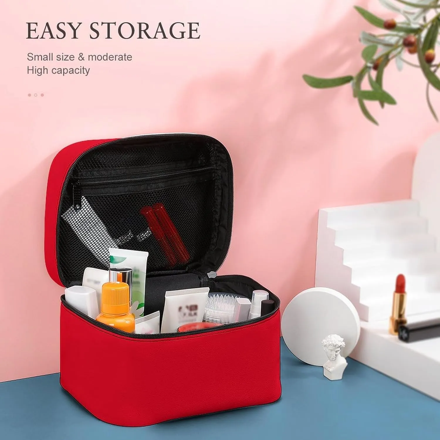Portable Make Bag, Elegant Classic Red Cosmetic Case Portable Cosmetic Portable Organizer for Men & Women