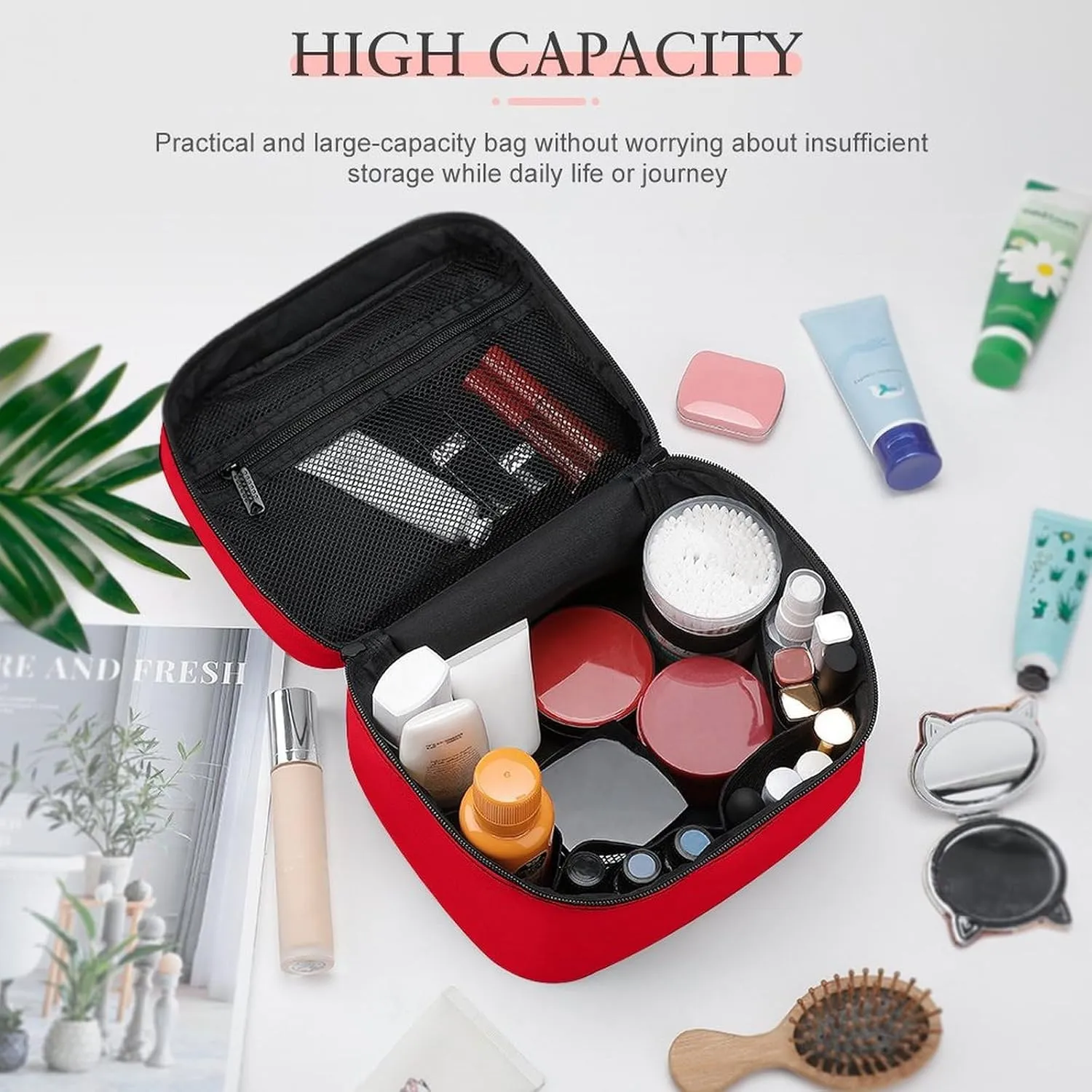 Portable Make Bag, Elegant Classic Red Cosmetic Case Portable Cosmetic Portable Organizer for Men & Women