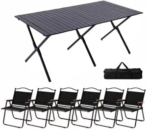 Portable Picnic Table Chairs Set, Folding Roll up Carbon Steel Camp Side Camping Lightweight Foldable Compact for Patio Beach