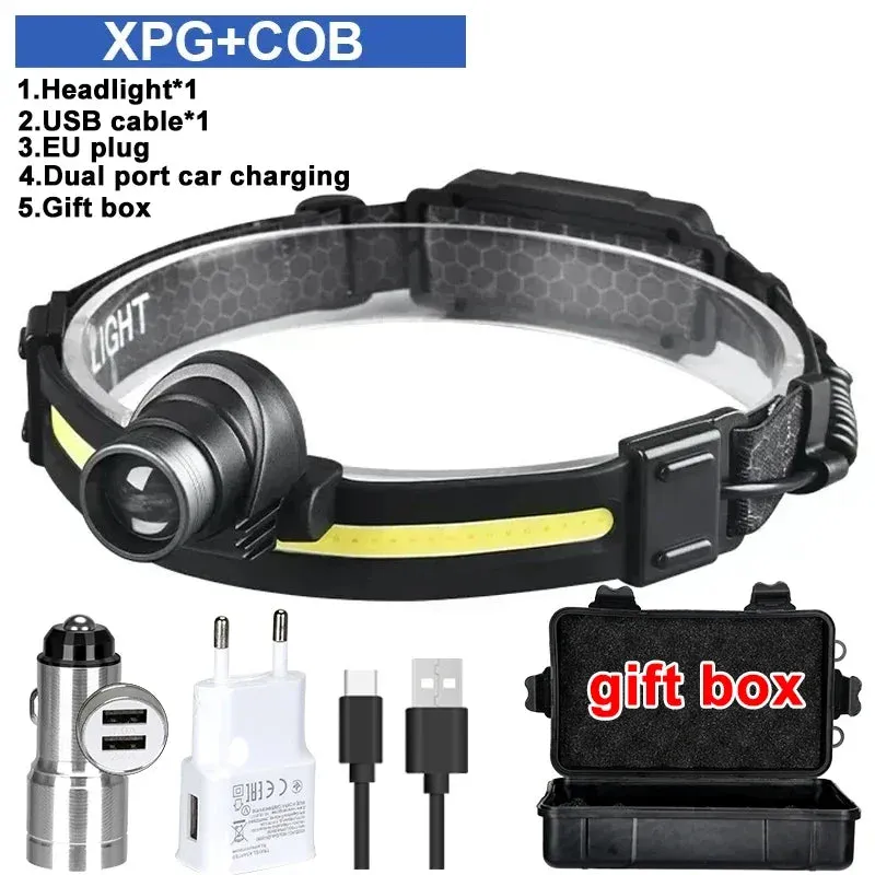 Powerful LED Headlamp 7 Modes XPE COB Sensor Headlight Rechargeable for Fishing & Hunting