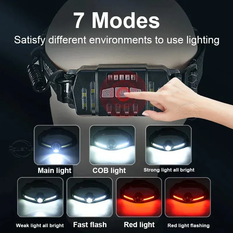 Powerful LED Headlamp 7 Modes XPE COB Sensor Headlight Rechargeable for Fishing & Hunting