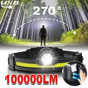 Powerful LED Headlamp 7 Modes XPE COB Sensor Headlight Rechargeable for Fishing & Hunting