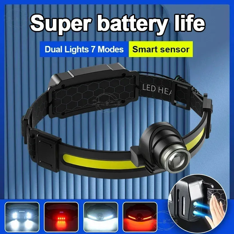 Powerful LED Headlamp 7 Modes XPE COB Sensor Headlight Rechargeable for Fishing & Hunting