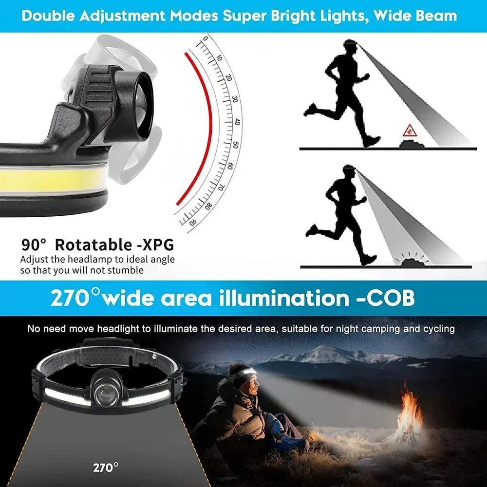 Powerful LED Headlamp 7 Modes XPE COB Sensor Headlight Rechargeable for Fishing & Hunting